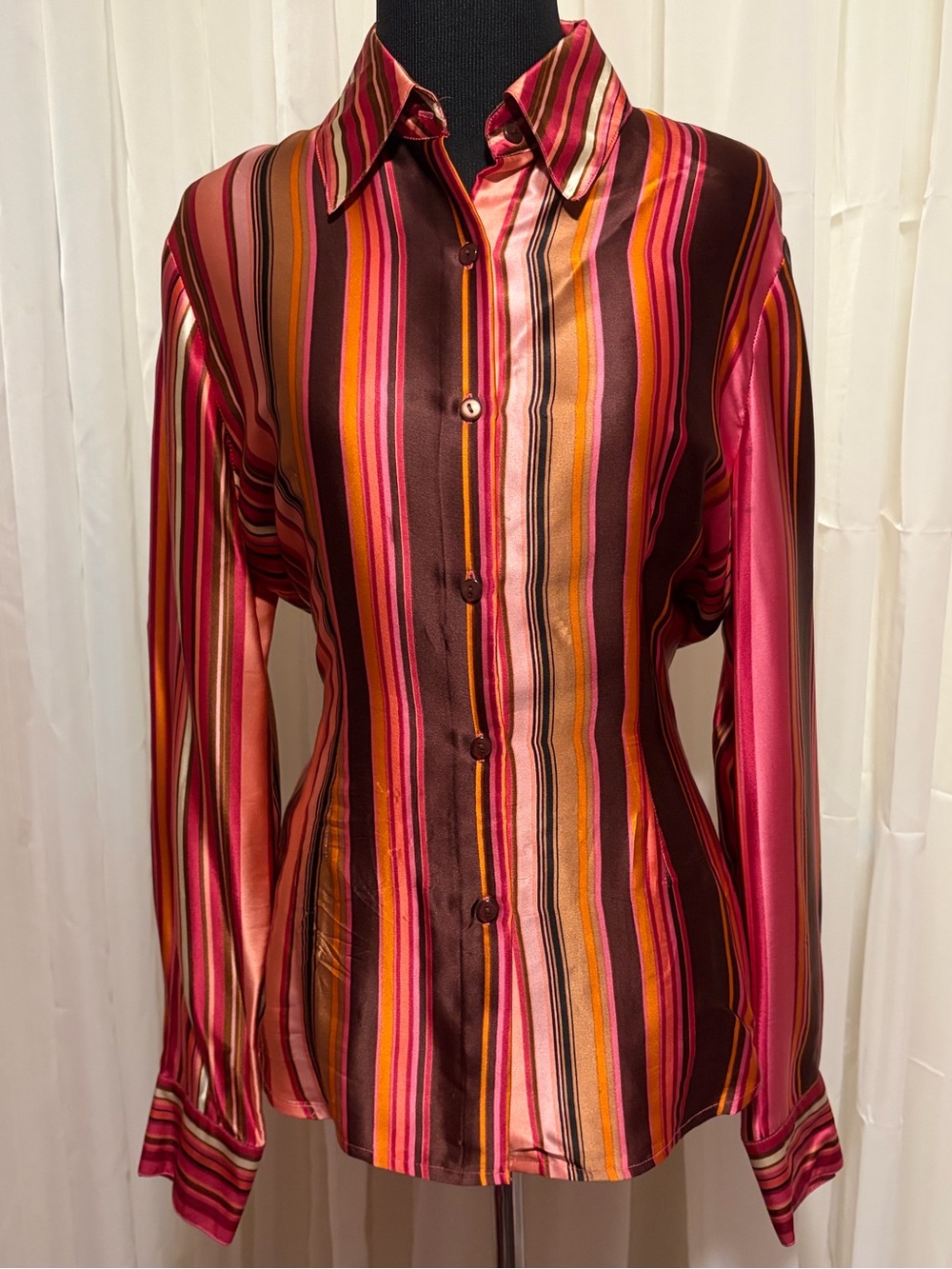 Bob Mackie Studio Wine Orange And Plum Silk Striped Shirt Size 8